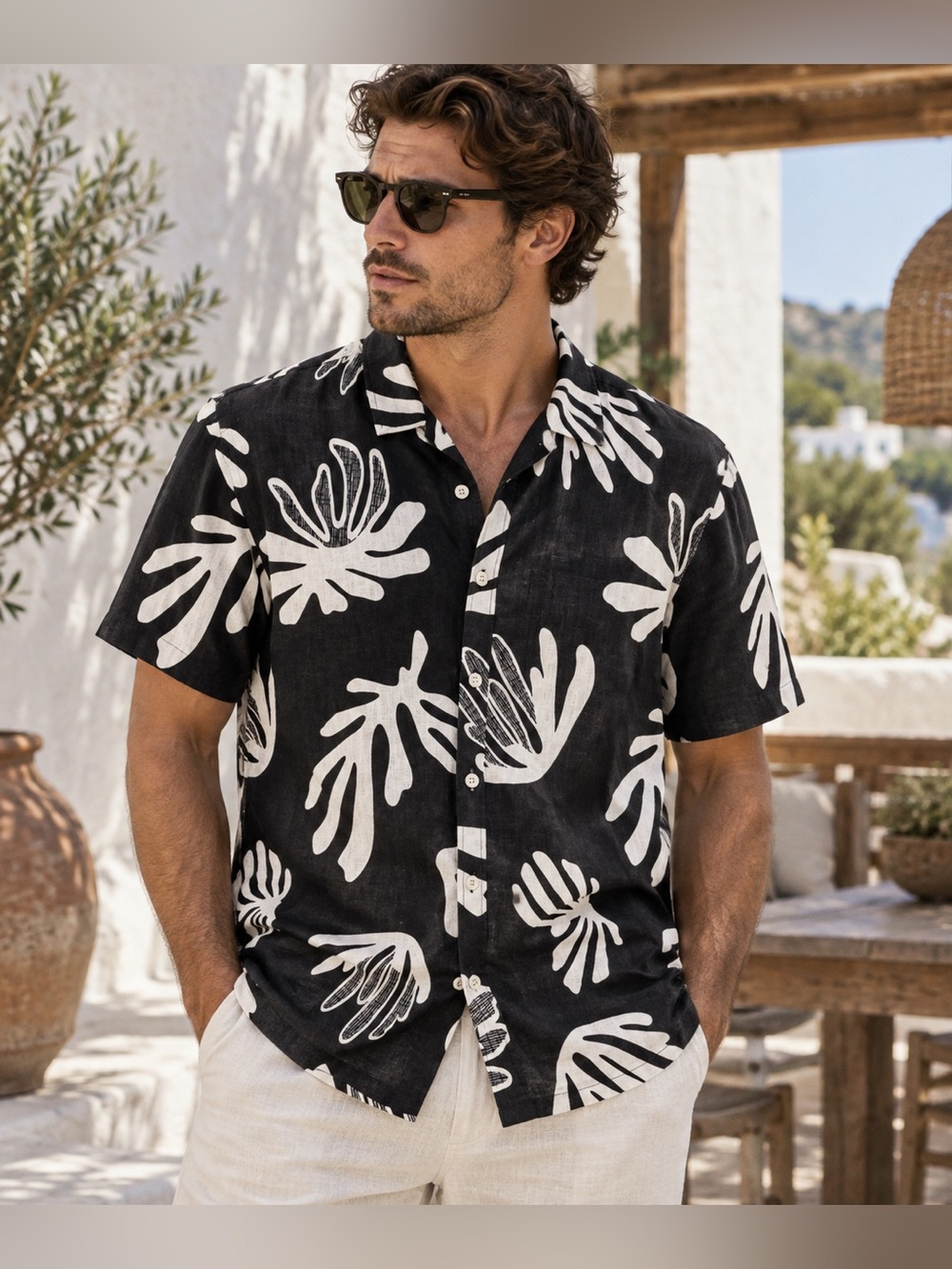 Folk Black & White Short Sleeve Button-Down Shirt